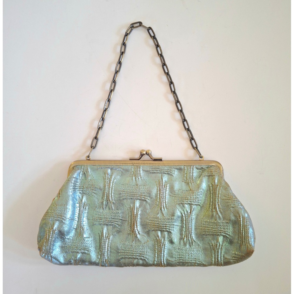 Y2K Vintage Kenneth Cole Reaction Metallic Teal Kiss Lock Clutch Chain Bag - Picture 2 of 8